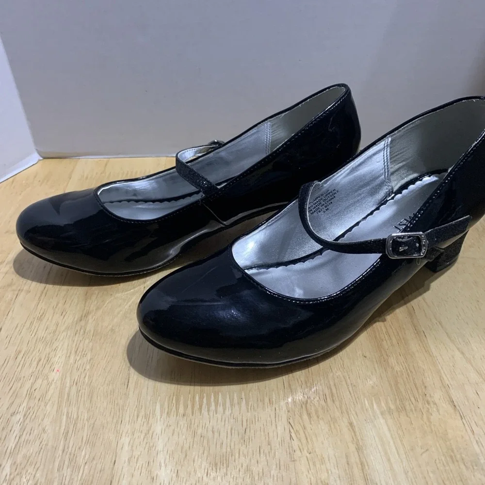 Nine West Heels Dreas Shoes Girls Sz 5M Black Patten Mary Jane Sparkle Glitter‎